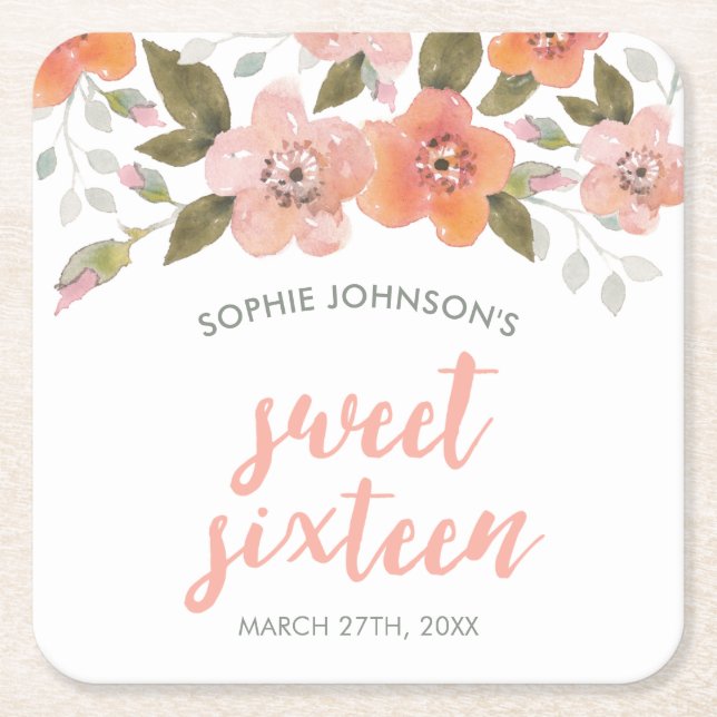 Peach Delicate Floral Sweet Sixteen Square Paper Coaster (Front)