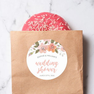 Peach Delicate Floral Wedding Shower Classic Round Sticker
