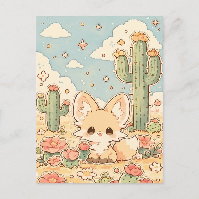 Peach Desert Bloom Kawaii Fennec Fox Postcard (Front)