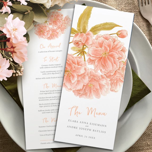 Peach double blossom flowers wedding menu (Creator Uploaded)