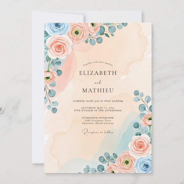 Peach Dreamy Watercolor Wedding Invitation (Front)