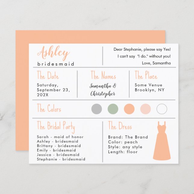 Peach Dress Colour Bridesmaid Information Card (Front/Back)