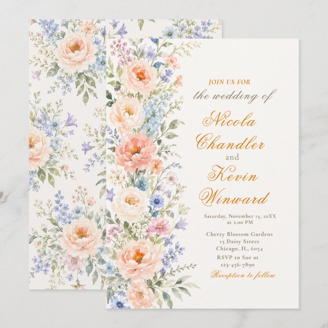 Peach & Dusty Blue Floral Wedding Invitation (Front/Back)