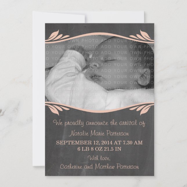 Peach Elegant Chalkboard Baby Announcement (Front)