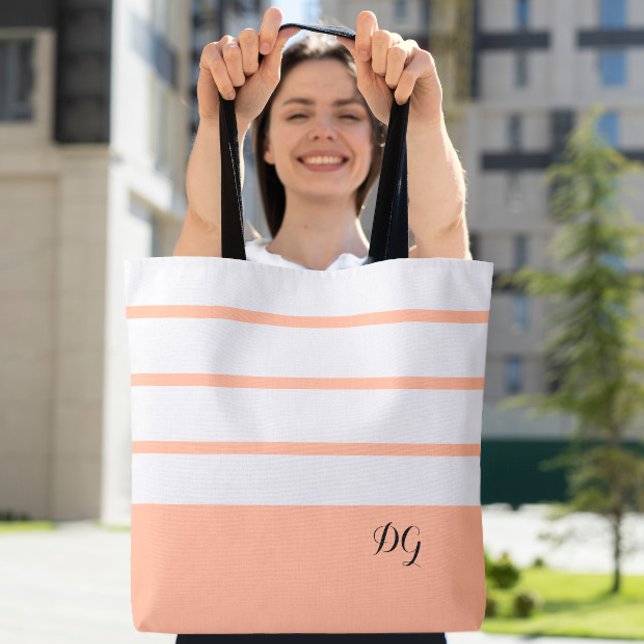 Peach Elegant Feminine Striped Monogram  Tote Bag (Elegant Modern Bold Stripes Monogram Trendy Peach Tote Bag)