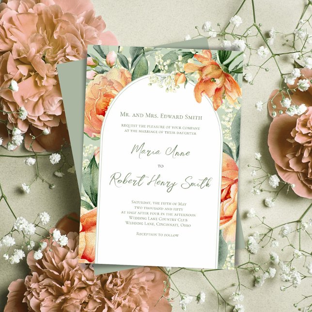 Peach Elegant Floral Arch Custom Wedding Invitation (Wedding beautiful peach floral invitations.)