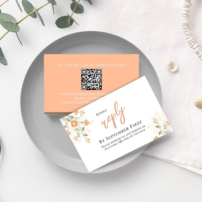 Peach Elegant Floral Wedding RSVP Reply Enclosure Card (Simple Wedding reply card with a peach floral background and QR code template.)