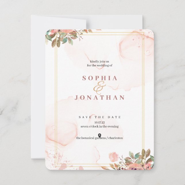 Peach Elegant Neutral Watercolor Floral Wedding Invitation (Front)