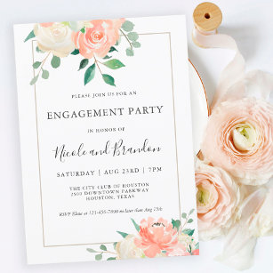 Peach Elegant Watercolor Floral Engagement Party Invitation