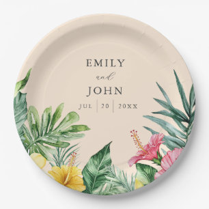 Peach Elegant Watercolor Tropical Floral Wedding Paper Plate