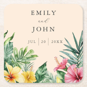 Peach Elegant Watercolor Tropical Floral Wedding Square Paper Coaster