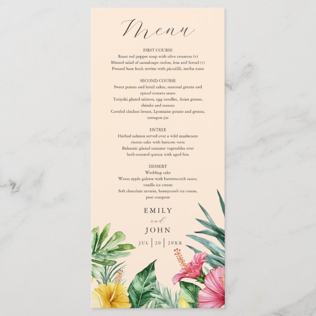 Peach Elegant Watercolor Tropical Flowers Wedding Menu (Front)