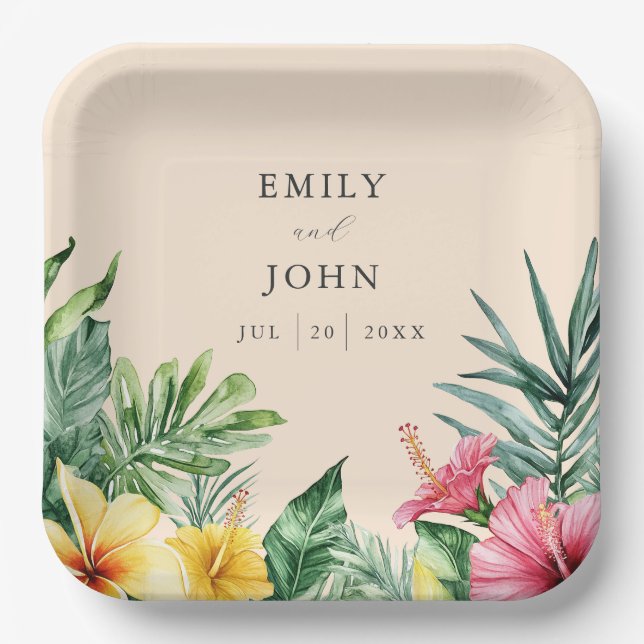 Peach Elegant Watercolor Tropical Flowers Wedding Paper Plate (Front)