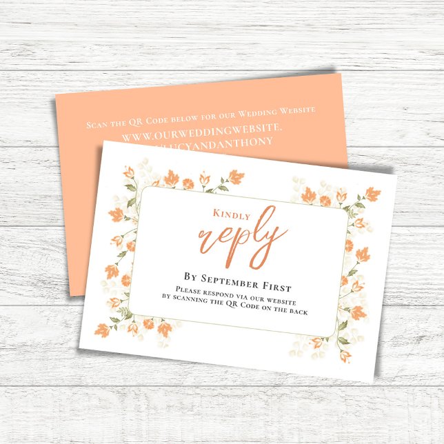 Peach Elegant Wedding Reply Custom RSVP Card (Simple Wedding reply card with a peach floral background and QR code template.)