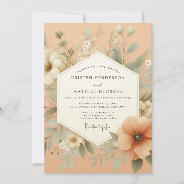 Peach Ethereal Bloom Wedding Invitation (Front)