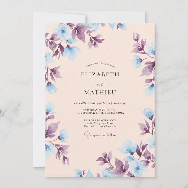 Peach Ethereal Blue Spring Wedding Invitation (Front)