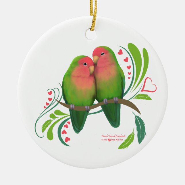 Peach Faced Love Birds Ceramic Tree Decoration (Front)