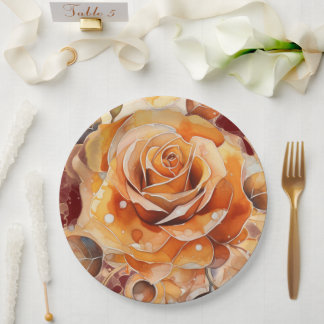 Peach Fall Rose Watercolor Paper Plate