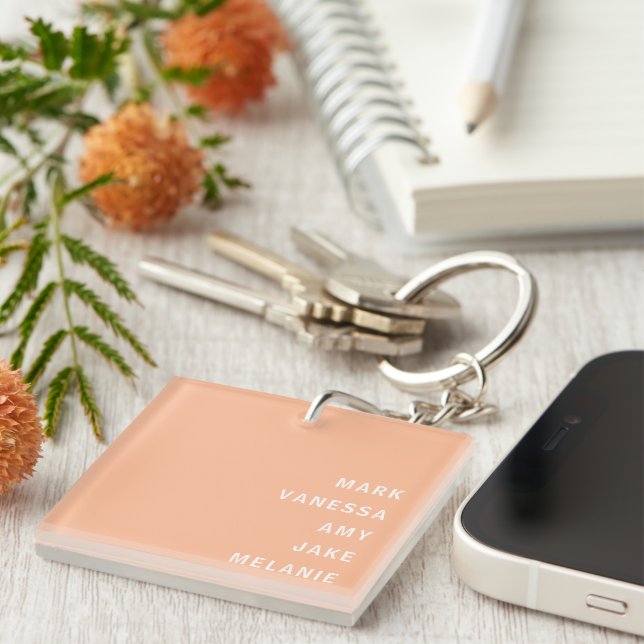 Peach Family Names Monogram Minimalist White Text Key Ring (Front Right)