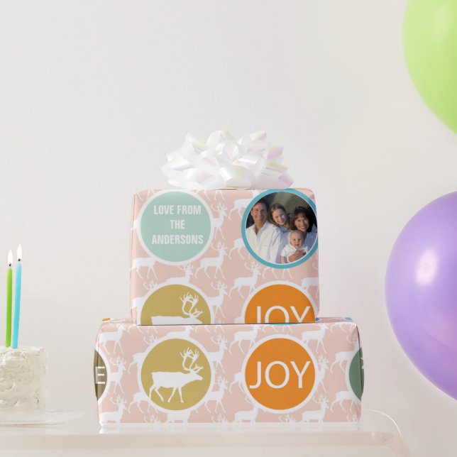 Peach Family Photo Reindeer Christmas Merry Bright Wrapping Paper (Party Gifts)