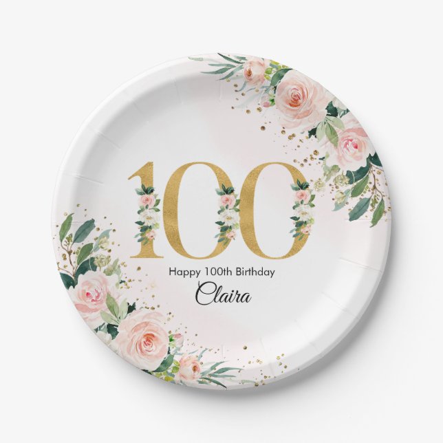 Peach Floral 100th Birthday Paper Plates (Front)