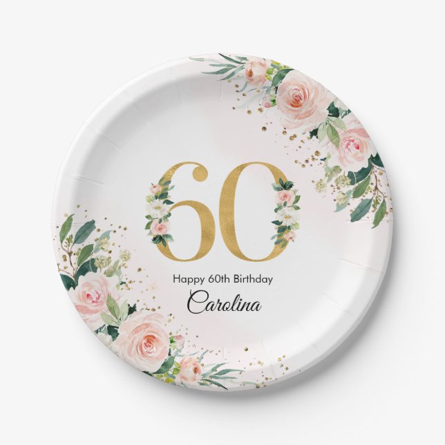 Peach Floral 60th Birthday Paper Plates (Front)