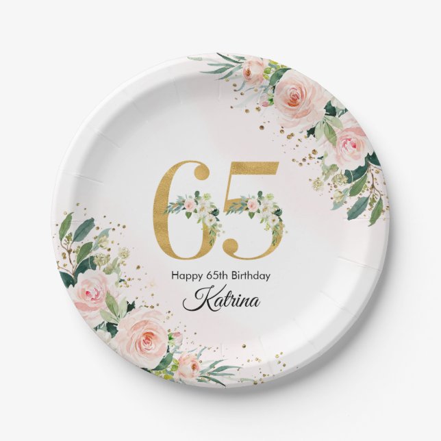 Peach Floral 65th Birthday Paper Plates (Front)