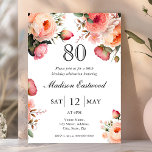 Peach Floral 80th Birthday Invitation<br><div class="desc">Looking for the perfect invitation for your upcoming 80th birthday bash? Look no further than these lovely peach floral invitations! With a delicate and beautiful design featuring pretty watercolor flowers with elegant font, these invitations will impress all your guests. Available to customise and purchase as card invitations, a digital download,...</div>