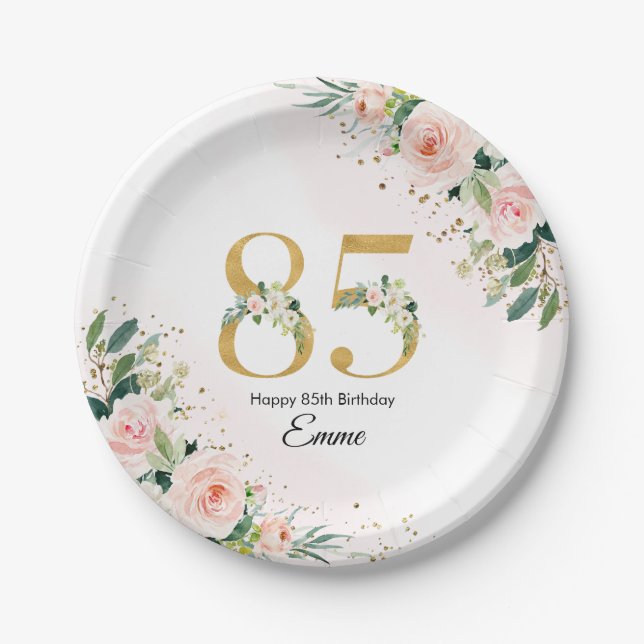 Peach Floral 85th Birthday Paper Plates (Front)