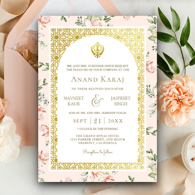 Peach Floral Anand Karaj Punjabi Sikh Wedding Invitation (Creator Uploaded)