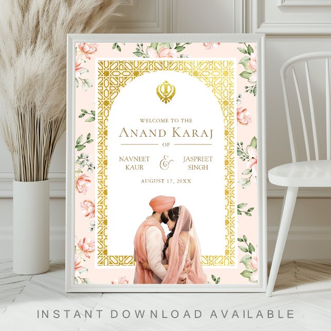 Peach Floral Anand Karaj Sikh Wedding Welcome Sign (Creator Uploaded)
