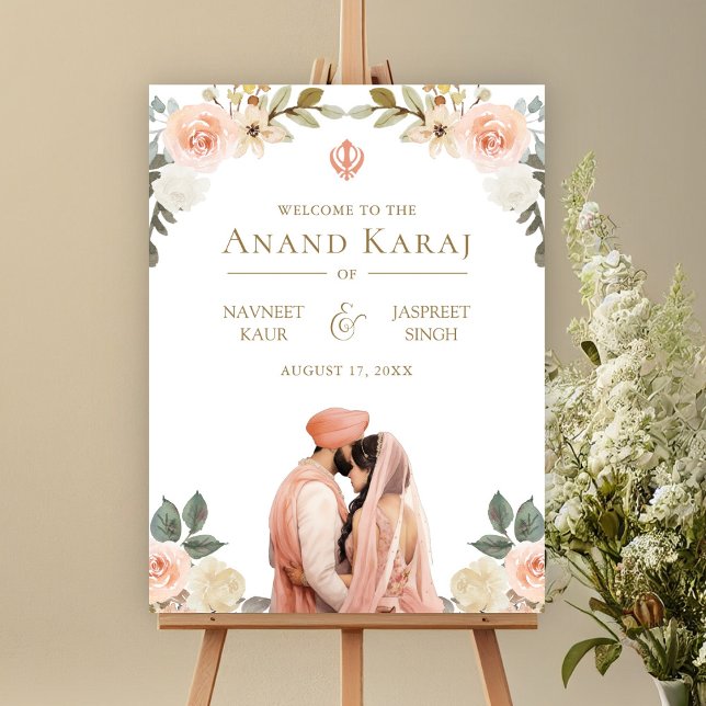 Peach Floral Anand Karaj Sikh Wedding Welcome Sign (Creator Uploaded)