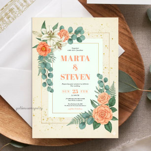 Peach Floral and Eucalyptus Greenery Wedding Invitation