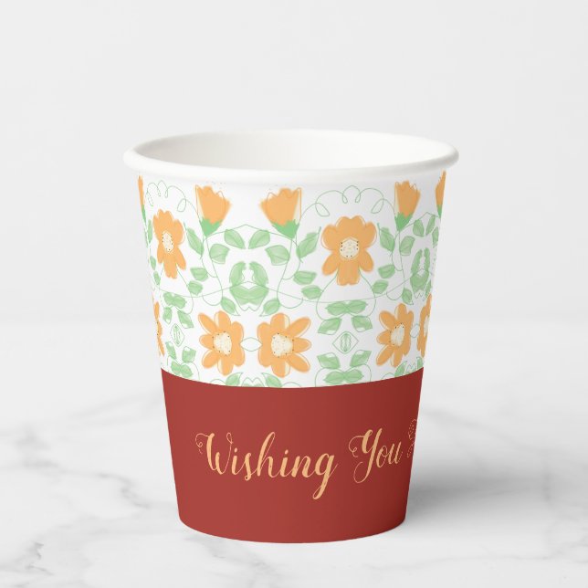 Peach Floral And Light Green Paper Cups (Front)