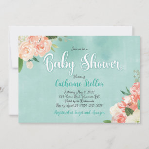 Peach floral and Teal Baby shower invitation