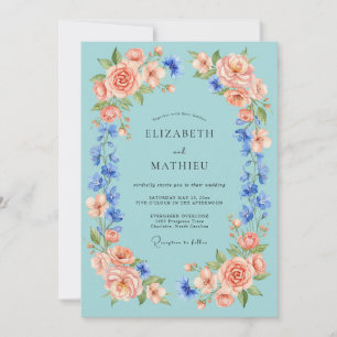 Peach Floral Aquamarine Romance Wedding Invitation