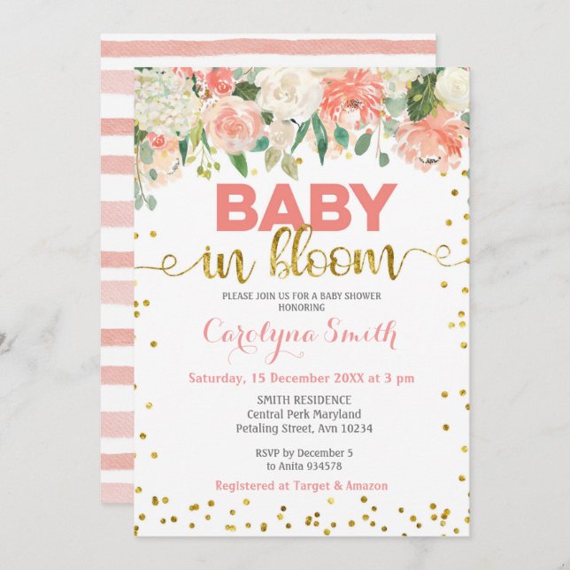 Peach Floral Baby in Bloom Invitation (Front/Back)