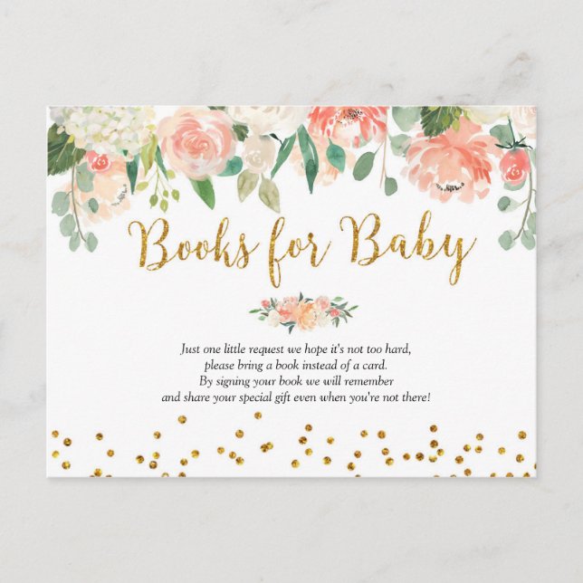 Peach Floral Baby Shower Books for Baby Invitation Postcard (Front)