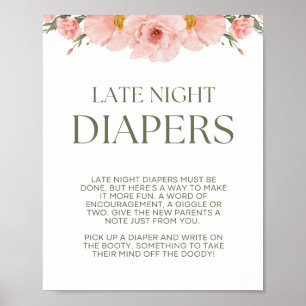 Peach Floral Baby Shower Late Night Diapers Poster