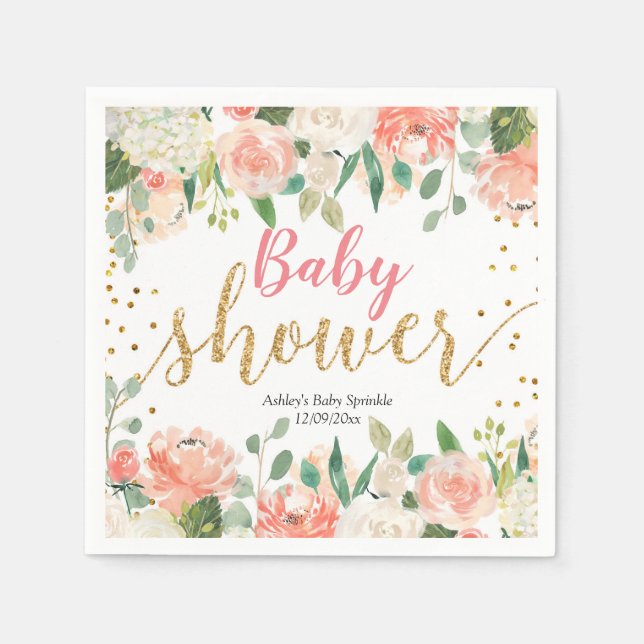 Peach Floral Baby Shower Paper Party Napkin (Front)
