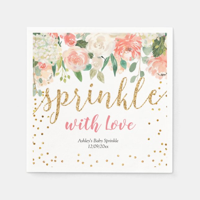 Peach Floral Baby Sprinkle Paper Party Napkin (Front)