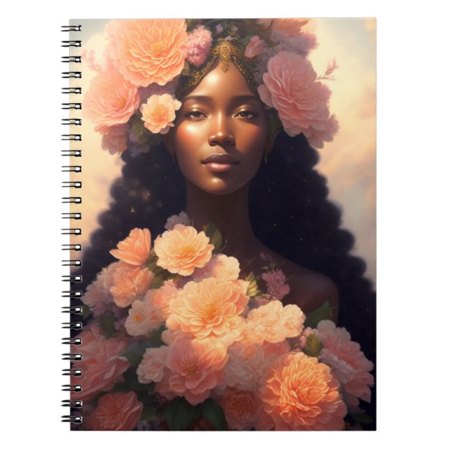 Peach Floral Black Woman Angelic Bloomcore Notebook (Front)