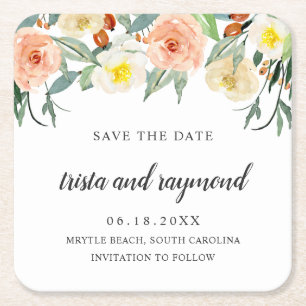Peach Floral Botanical Watercolor Save the Date Square Paper Coaster