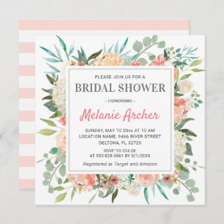 Peach Floral Bridal Shower Watercolor Peony Roses Invitation