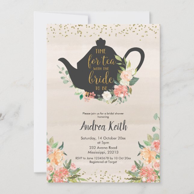 Peach Floral Bridal Tea Invitation (Front)