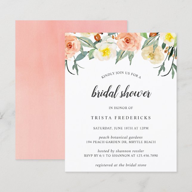 Peach Floral Budget Bridal Shower Invitation (Front/Back)