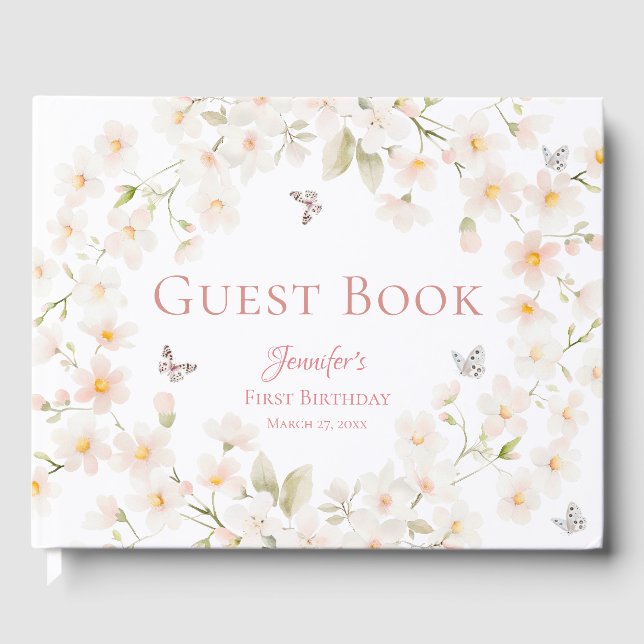 Peach Floral Butterfly Girl First Birthday Guest Book (Front)