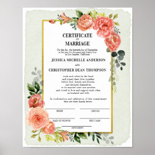 Peach Floral Certificate of Marriage Keepsake Poster