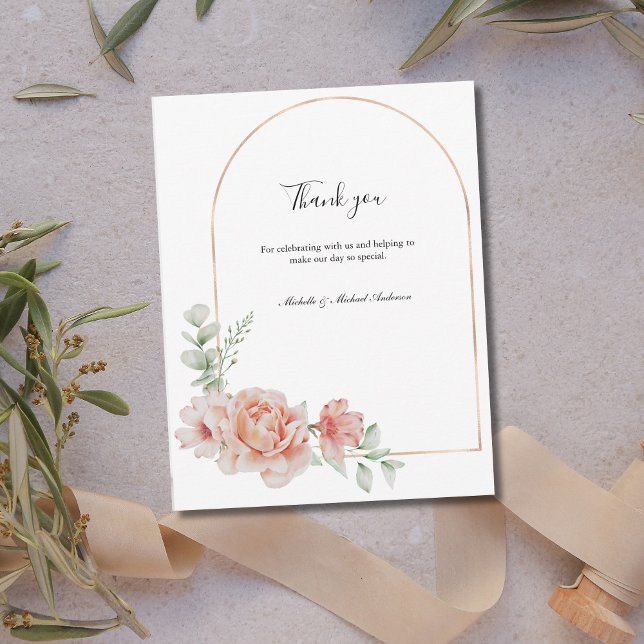 Peach Floral Classic Formal Wedding Thank you  Card (Peach Floral Watercolor Wedding Thank you card. Personalized, Rose Gold Arch Greenery)