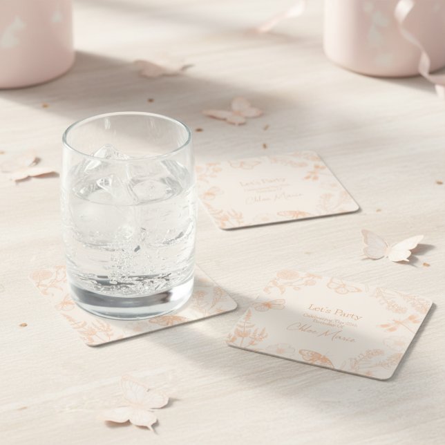 Peach Floral Coasters: Party Aesthetic On Point Square Paper Coaster (Peach Floral Coasters: Party Aesthetic On Point Square Paper Coaster)